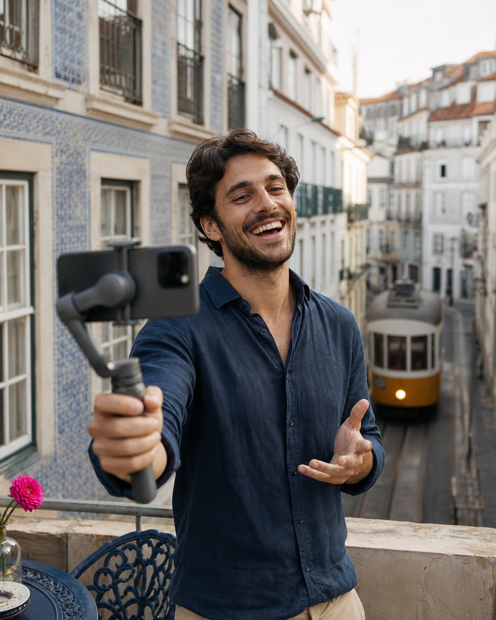 Un creator di viaggio si riprende su una terrazza soleggiata a Lisbona