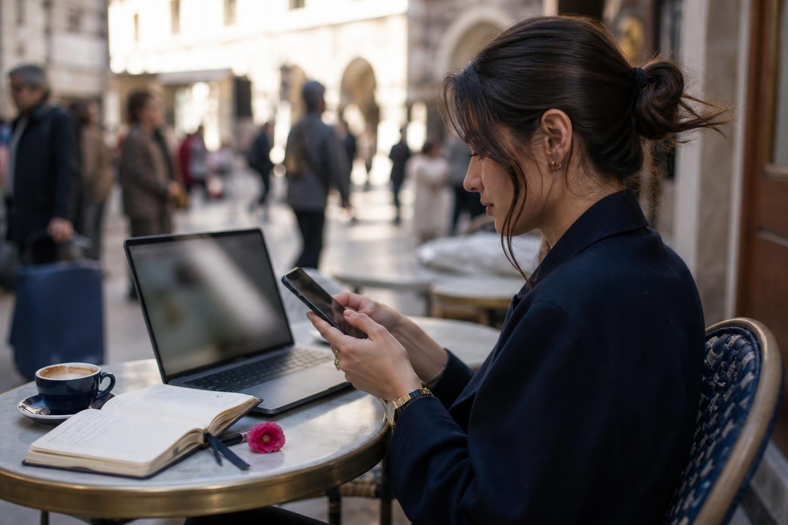 Una creator al tavolino di un caffè all'estero, mentre lavora sul telefono