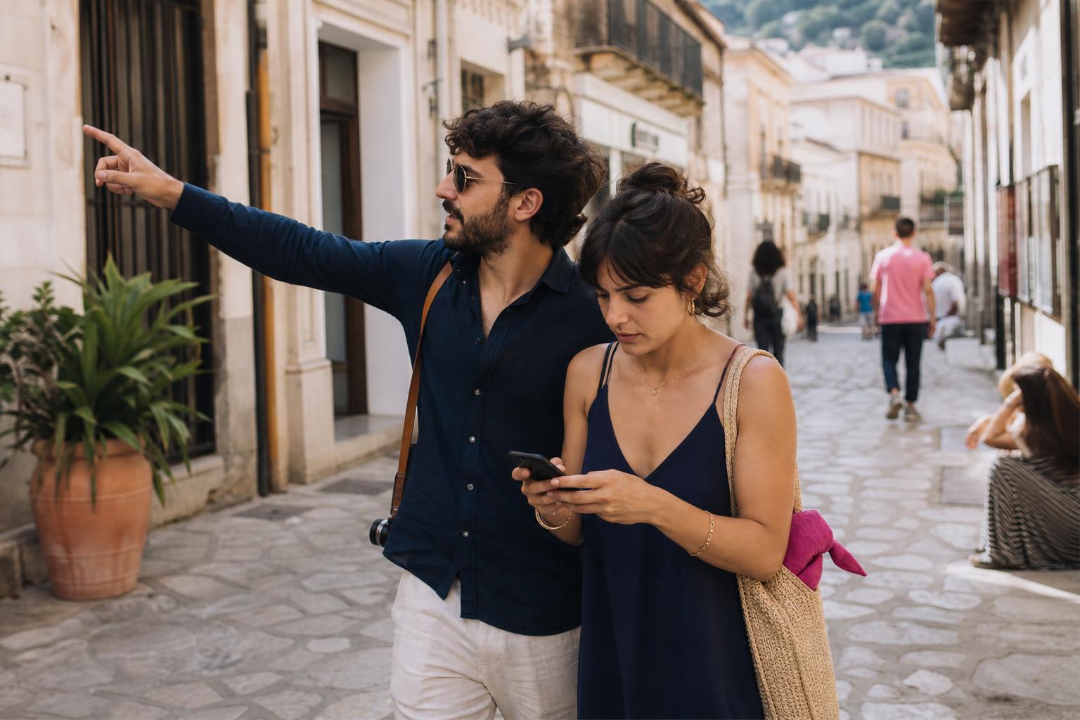 Una coppia di turisti passeggia in una via soleggiata del centro storico